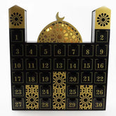 Decoratieve zwarte en gouden luxe houten ramadankalender in moskee-vorm met LED